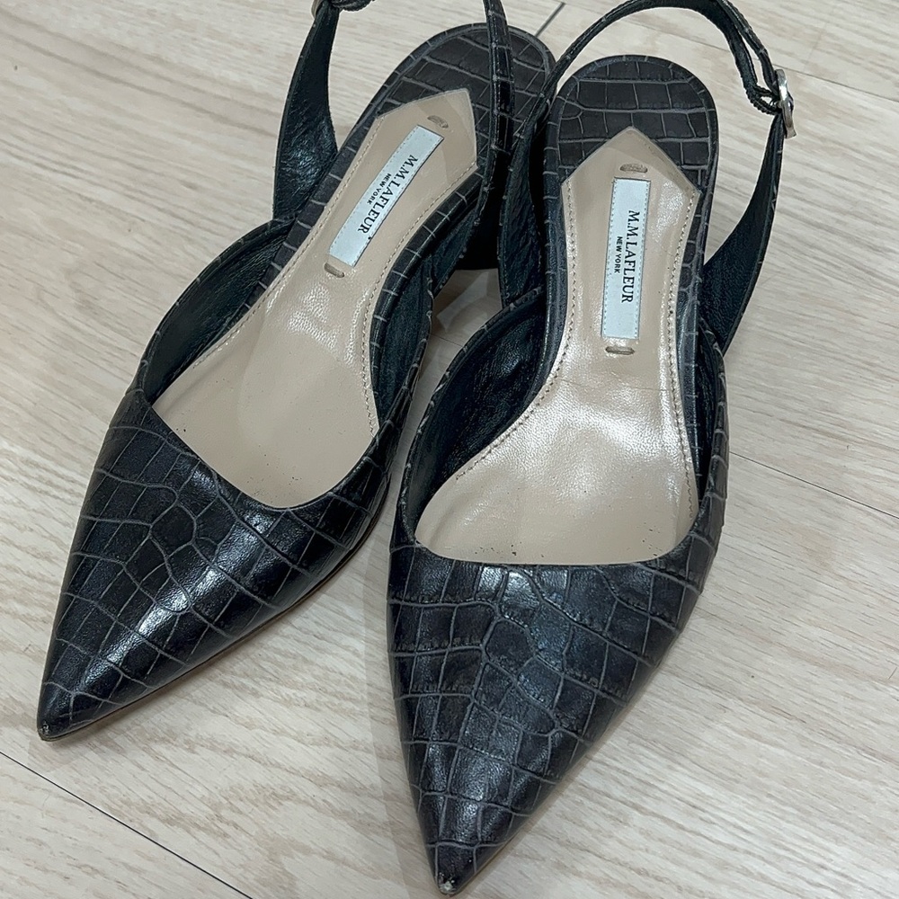 M.M.LaFleur Brown Black Croc-Embossed Slingback Heels